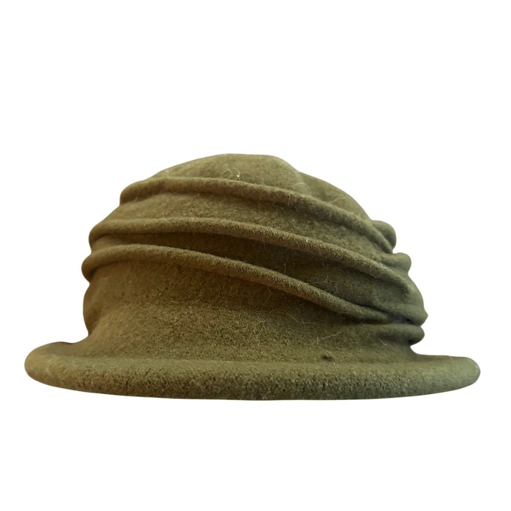 Parkhurst Olive Green Wool Cloche Hat Pleated Tiered Crown‎